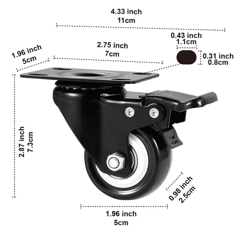 ASHGOOB 2" Caster Wheels Set of 8, Heavy Duty Casters with Brake, No Noise Locking Casters with Polyurethane (PU) Wheels, Swivel Plate Castors Pack of 8 - Image 3